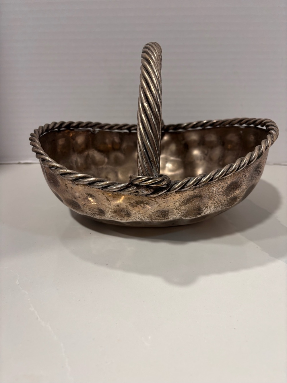 Silver Plate Hammered Decorative Basket with Twisted Handle and Edge 9” x 7.5”